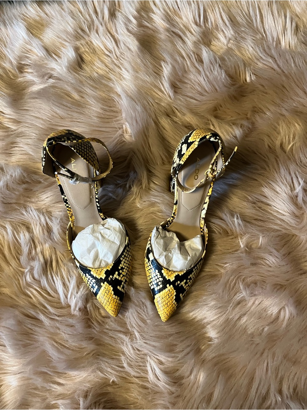 Aldo Yellow and Black Snake-Print Pointed Ankle-Strap Heels
